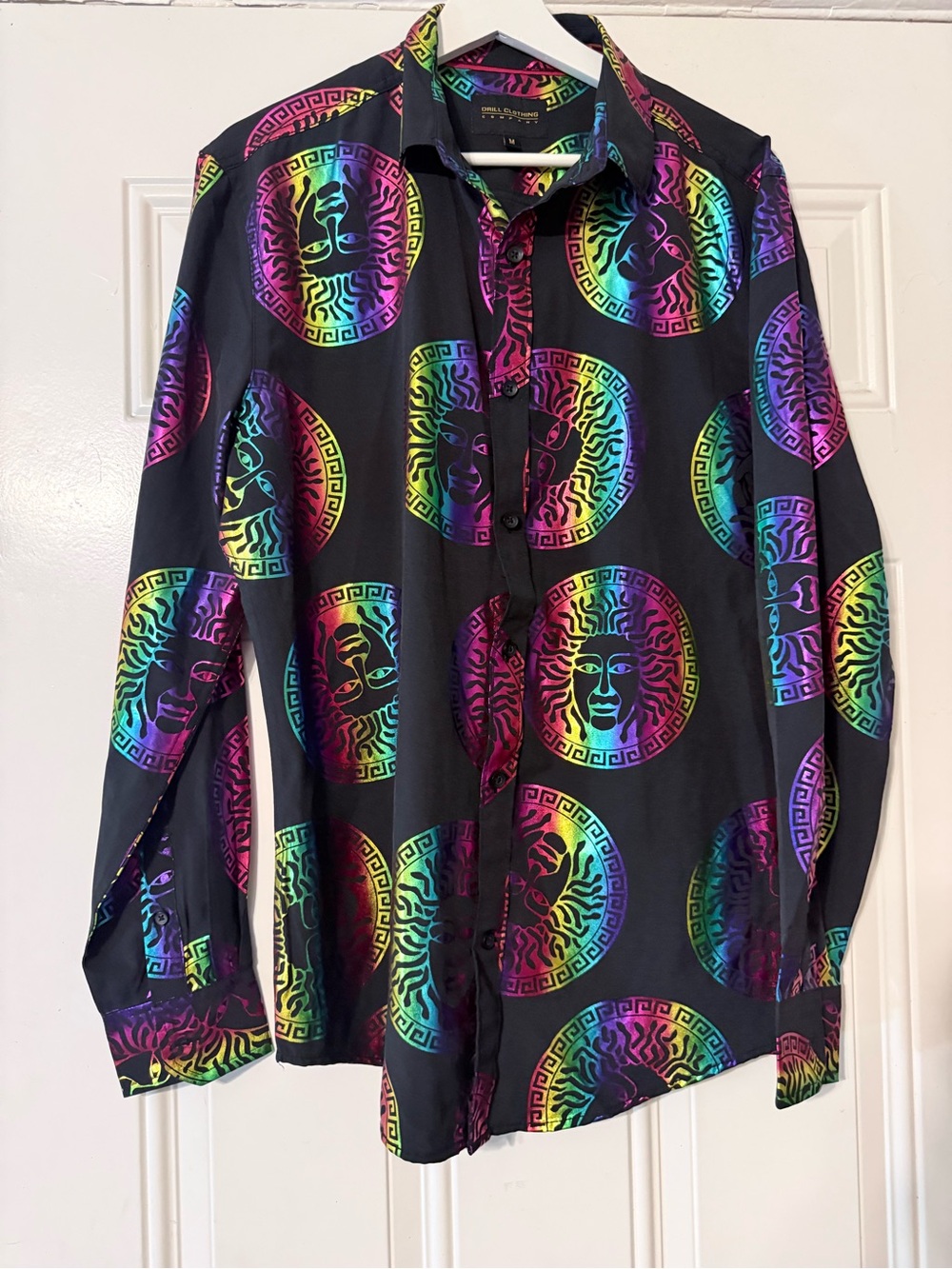 Black Long-Sleeve Shirt with Rainbow Medallion Print